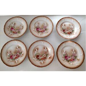 6 Antique Plates Hand Painted China 7 Inch Pink Flowers Soft Brown Rim